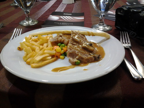 Sirloin Steak with Mushroom Sauce, French Fries, and Sauted Vegetable